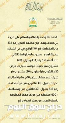 ارض للبيع بمساحة ٦٠٠ بتيماء